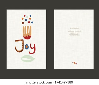 
Cheerful Joy Greeting Card Template On Linen Background. Paper Cut Out Hand Drawn Lettering. Scandi Doodle Notecard. Positive  Heartfelt Motivation Sentiment. Isolated Vector 