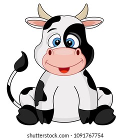 Cheerful and joyful black and white cow on white isolated background. Vector illustration.