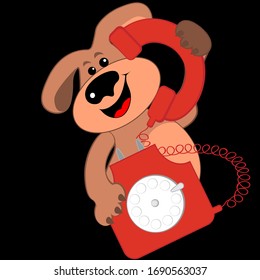 Cheerful or joyful dog talking on a rare red phone. Hello, support, listening.