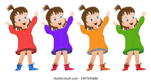 Cheerful joyful girl in a dress and boots with hands up. The direction of view can be changed. Vector illustration for baby design.