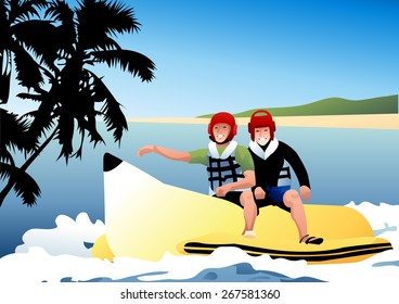 Cheerful and Joyful Men and Summer Tropical Island - happy young male enjoying fun and riding on yellow banana boat on a background with bright blue sky and white water : vector illustration