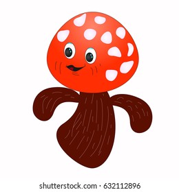 Cheerful and joyful mushroom, smiling, against white background, vector