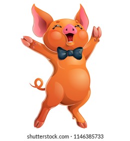 The cheerful joyful ruddy red pig Duroc breed rejoices standing on hind legs with black tie bow. A cartoon vector illustration isolated on white.