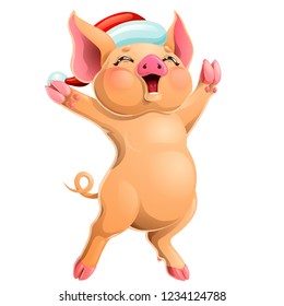 The cheerful joyful ruddy yellow pig rejoices standing on hind legs in the Santa Claus cap. A cartoon vector illustration isolated on white.