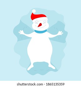 A cheerful joyful snowman in a Santa Claus hat lies in the snow and makes a snow angel. Picture of a cartoon winter character.