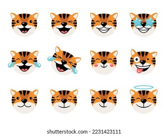 Cheerful joyful tigers heads with emoticons, cartoon characters, mascots collection. Cartoon cute animals head with facial expressions. Tiger icons set of emoticons isolated vector illustration