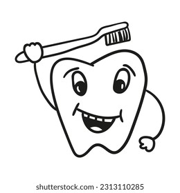 Cheerful joyful tooth with toothbrush drawn in children sketch style. Vector icon on white background.