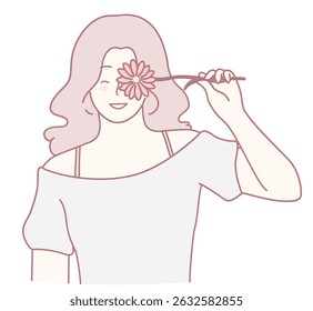 A cheerful and joyful woman playfully holds a colorful and vibrant flower, radiating immense beauty, joy, and warmth