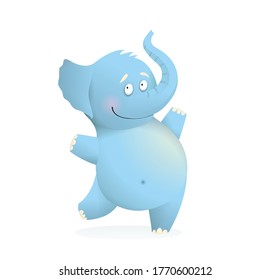 Cheerful jumping baby blue Elephant character for kids. Cute happy elephant animal adorable drawing for kids. Watercolor style cartoon vector illustration