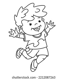 Cheerful jumping Boy. Hand drawn cartoon illustration, vector outline coloring page