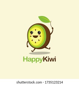 Cheerful Jumping Kiwi Fruit Cartoon Logo Vector Icon On Light Backround