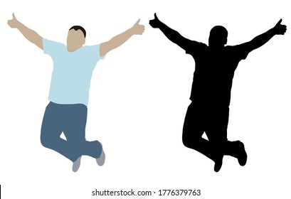 Cheerful jumping man with hands up, color and black silhouette. Vector illustration