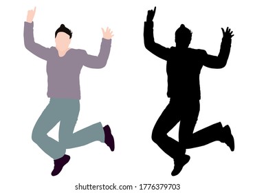 Cheerful jumping woman, colorful and black silhouettes. Vector illustration