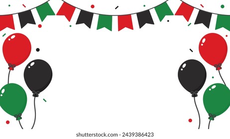 Cheerful Juneteenth and Black History Month celebration background with the Pan-African flag-colored party bunting, balloons, and confetti. Flat design illustration.