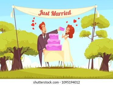 Cheerful just married persons eating bridal cake at outdoor cartoon vector illustration