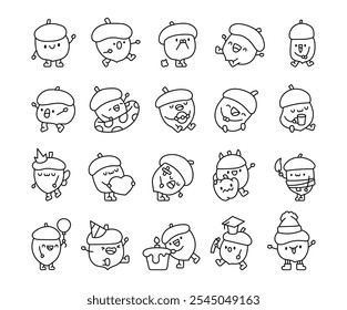 Cheerful kawaii acorn cartoon character bundle with various expressions and festive themed illustrations for autumn, winter, Halloween, birthday, and celebrations