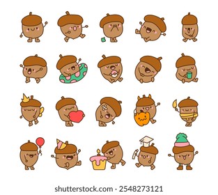 Cheerful kawaii acorn cartoon character bundle with various expressions and festive themed illustrations for autumn, winter, Halloween, birthday, and celebrations