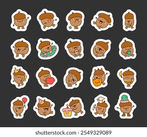 Cheerful kawaii acorn cartoon character bundle with various expressions and festive themed illustrations for autumn, winter, Halloween, birthday, and celebrations