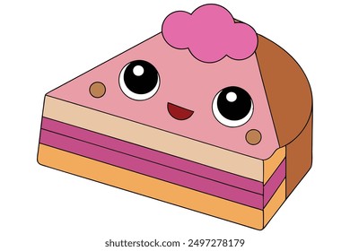 Cheerful Kawaii Cake Slice Vector Illustration