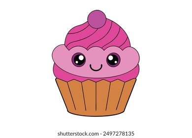 Cheerful Kawaii Cupcake Vector Illustration