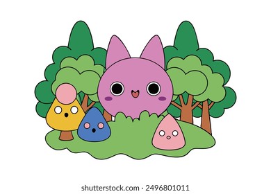 Cheerful Kawaii Forest Vector Illustration