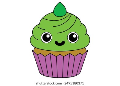 Cheerful Kawaii Green Cupcake Illustration