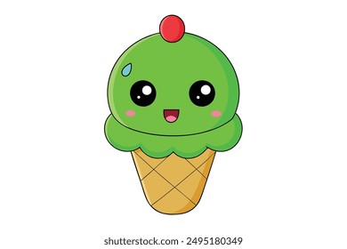  Cheerful Kawaii Green Ice Cream Illustration