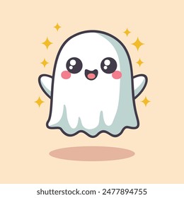 Cheerful kawaii halloween october ghost with blushing cheeks and sparkling eyes. Cute, whimsical cartoon kawaii flat style, floating light peach background with twinkling stars.