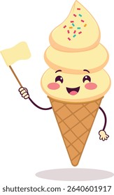 Cheerful Kawaii Ice Cream Cone with Sprinkles and Flag – Flat Vector Illustration