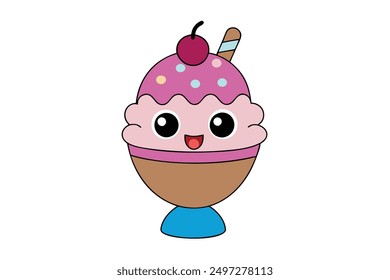  Cheerful Kawaii Ice Cream Sundae Vector Illustration