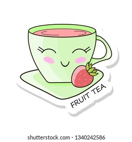 Cheerful kawaii kawaii sticker isolated on white background. Delicious fruit tea. Sweet tea drinking. Stock vector.