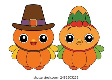 Cheerful Kawaii Thanksgiving Pilgrims Illustration