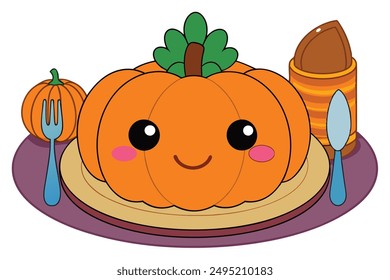 Cheerful Kawaii Thanksgiving Place Setting Illustration