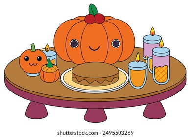 Cheerful Kawaii Thanksgiving Table Setting Illustration