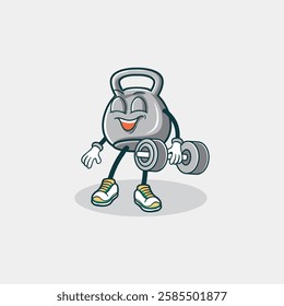 A cheerful kettlebell cartoon character happily weightlifting a barbell demonstrating fitness and strength.