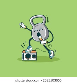 A cheerful kettlebell cartoon character sings into a microphone atop a speaker, showcasing a fun fitness theme.