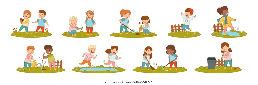 Cheerful Kid Character Enjoying Spring Season Vector Set