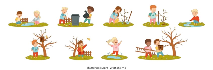 Personaje de niño alegre disfrutando de la temporada de primavera Vector Set