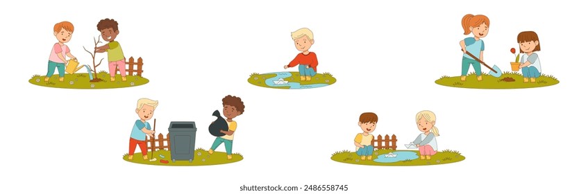 Cheerful Kid Character Enjoying Spring Season Vector Set