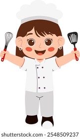 Cheerful Kid Chef Holding Cooking Utensils Illustration