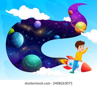 Cheerful kid flying on rocket. Kindergarten and elementary school education, astronomy knowledge learning cartoon vector concept or background with boy flying on spaceship, fantastic space planets