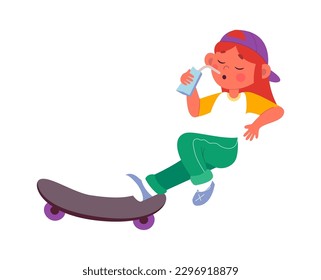 Cheerful kid riding on skateboard vector flat illustration Wooden skateboard