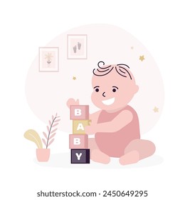 Cheerful kid sits and collects a pyramid of colored cubes. Concept development and education of young children. Sweet caucasian little baby playing with children's blocks. Funny toddler character.