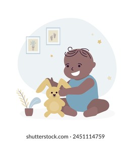 Cheerful kid sits and playing with plush rabbit toy. Concept development and education of young children. Sweet african american little baby playing with toys. Funny toddler character. flat vector