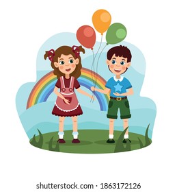 Cheerful kids with balloons on a rainbow background