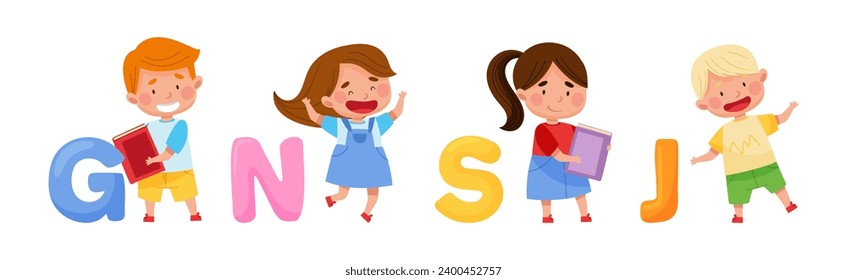 Cheerful Kids and Big Alphabet Letters Vector Set