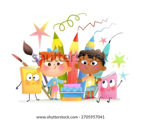 Cheerful kids create art with smiling books, brushes, and colorful pencils in a creative scene. Fun characters celebrate learning and imagination. Vector cartoon illustration for children education