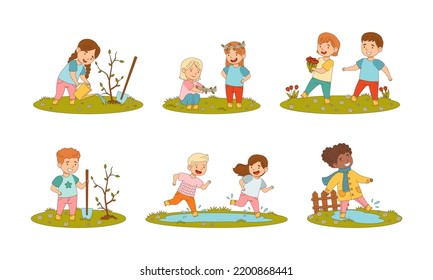 Cheerful Kids Enjoying Spring Season Splashing in Puddle, Planting Tree and Gathering Flower Vector Set