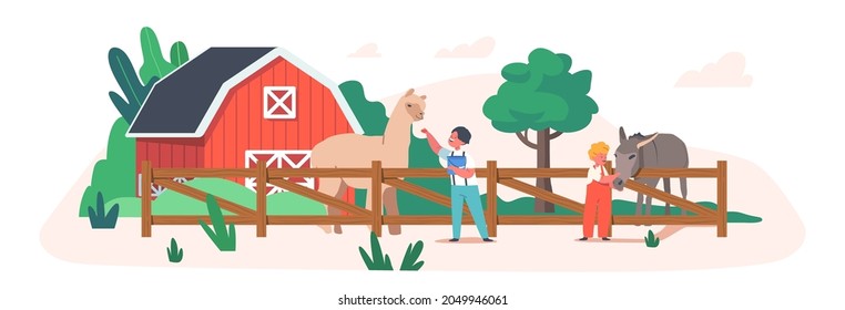 Cheerful Kids Feeding Cute Llama and Donkey at Farm or Outdoor Contact Zoo Park. Little Boy and Girl Giving Food to Animals. Child Character Spend Time in Petting Park. Cartoon Vector Illustration