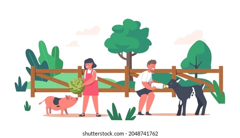 Cheerful Kids Feeding Cute Piglet and Goatling in Wooden Cage at Outdoor Farm or Contact Zoo. Children Characters Spend Time in Animal Petting Park on Weekend Leisure. Cartoon Vector Illustration